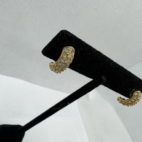 Vintage Monet Rhinestone Studded Gold Hoop Earrings - Picture 6 of 9